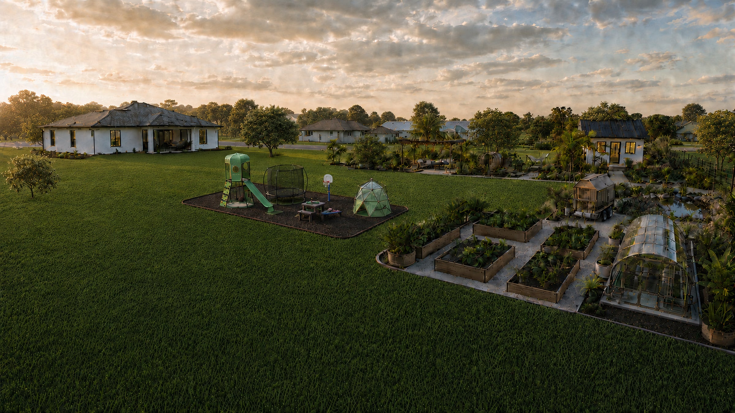 Avenues to Acres Studios property with garden beds, play area, greenhouse and outdoor production spaces.